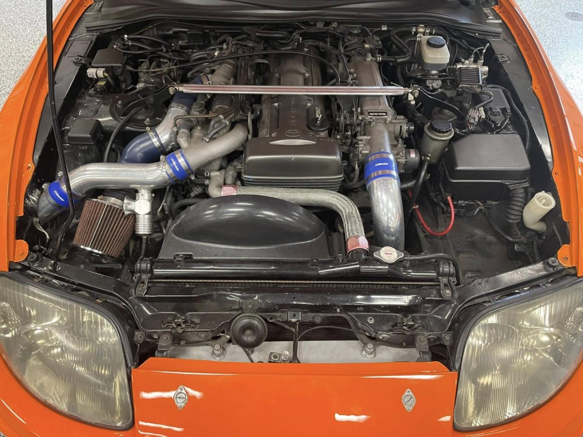 Under the hood of a vehicle.  